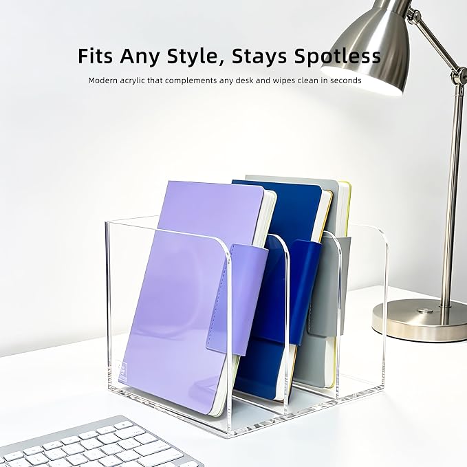 Clear Acrylic 3-Slot Magazine File Holder, Vertical Desk Organizer | 3 extra-wide compartments hold magazines, files, books, tablets. 5mm thick clear acrylic, non-slip base. No assembly.
