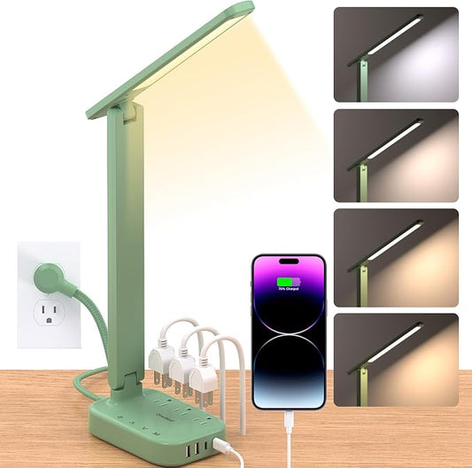 One Beat Small LED Desk Lamp Power Strip, Extension Cord with 3 Outlets 4 USB Ports(2 USB C), 4 Modes, 5 Level Touch Lamp Study Reading Light, Home Office Bedroom College Dorm Room Essentials, Green