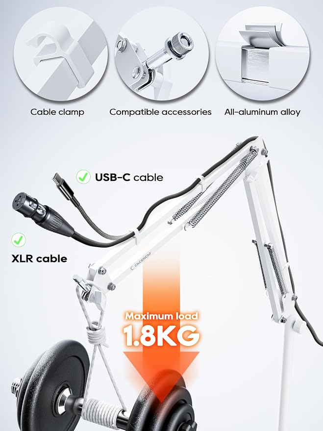 Premium White Overhead Mic Boom Arm, 15.7" Extra Tall Desk Mic Stand with 25.5" Reach, All-Aluminum Heavy Duty Microphone Arm, 1.8KG Load, 360° Adjustable for Streaming, Gaming, Podcast, YouTube