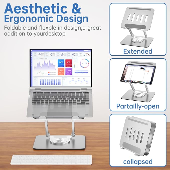Laptop Stand for Desk Adjustable Computer Stand with 360 Rotating Base Ergonomic Laptop Riser Mount for Desk Foldable Protable Computer Desk Fits with MacBook Pro Air, Rectangle