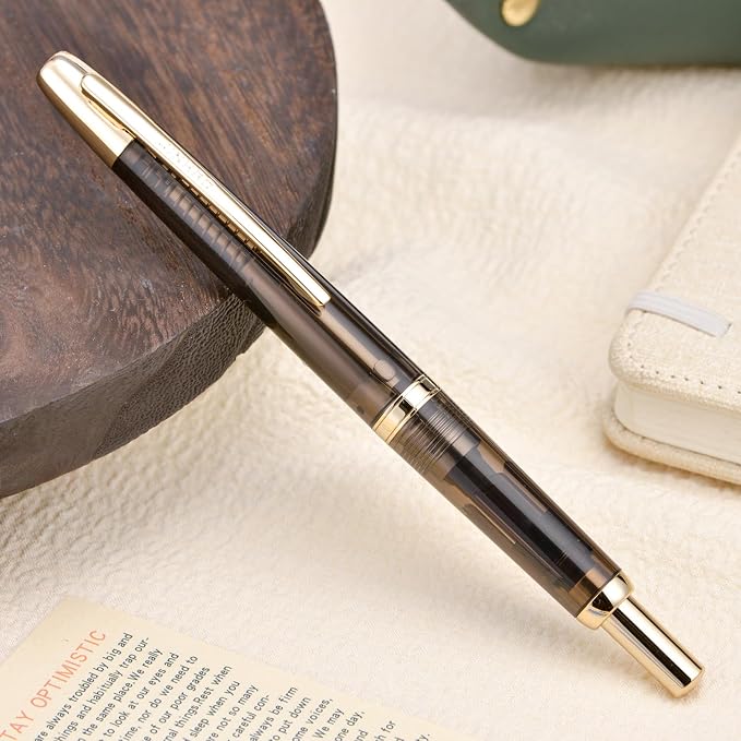 Jinhao 20 Press Fountain Pen, Transparent Black Retractable Extra Fine Nib with Ink Converter Set (Golden Clip)