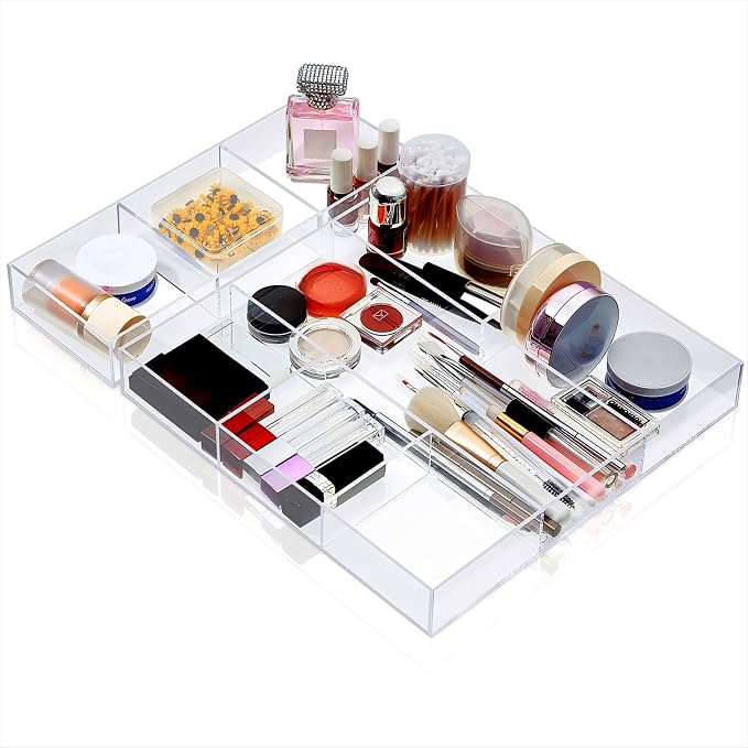 2 Pieces Makeup Drawer Organizer 6 Section Clear Desk Organizer with Dividers 3 Section Acrylic Makeup Tray Divided Drawer Inserts Sectioned Tray Storage