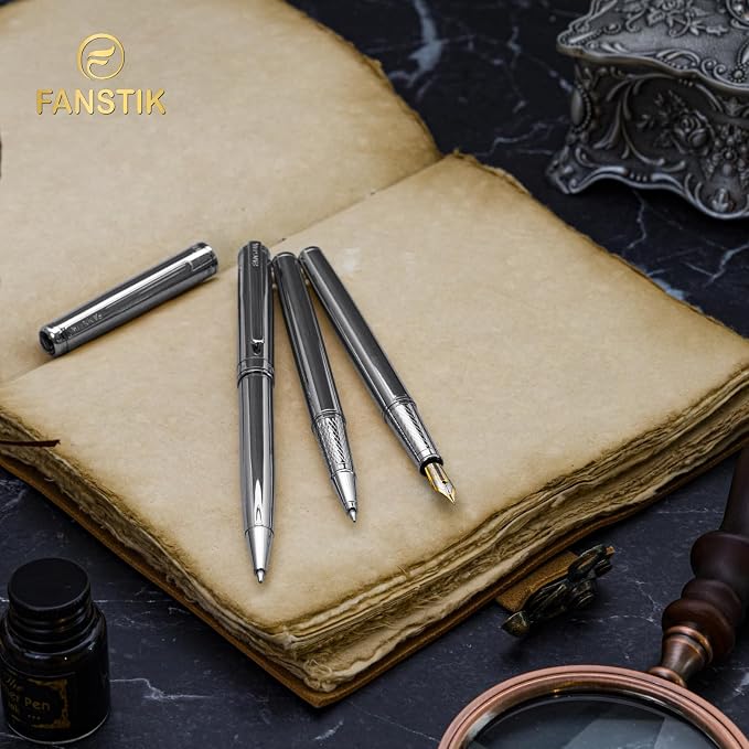 FANSTIK Silver Luxury Rollerball pen, fancy gift set for women, Chrome Finish, Professional executive pen gift set for men (Lux Rollerball Silver)