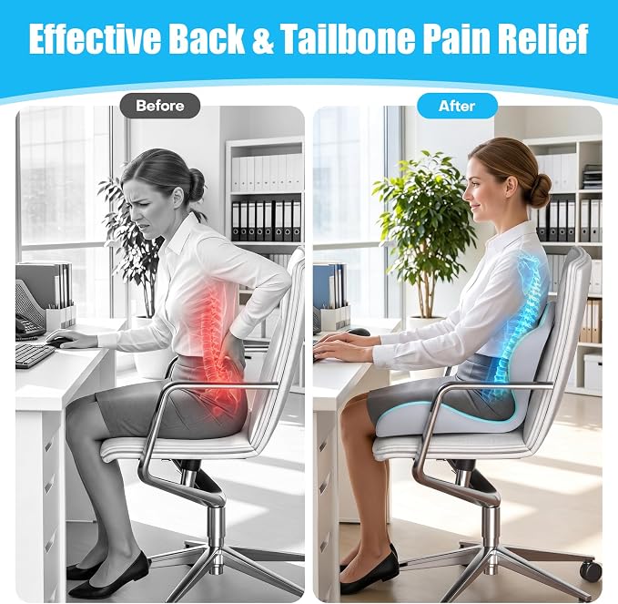 Ergonomic Seat Cushion for Tailbone Sciatica Lower Back Pain Relief, L-Shaped Seashell Memory Foam Coccyx Hollow Cushion, 2-in-1 Lumbar Back Support Pillow for Office Gaming Car Chair Blue