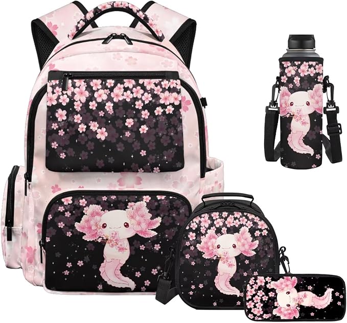 WELLFLYHOM Axolotl Cherry Blossom 17 Inch School Backpack for Kids 8-12 Girls Junior High Book Bag with Lunch Box Pencil Case Water Bottle Case Back to School Supplies