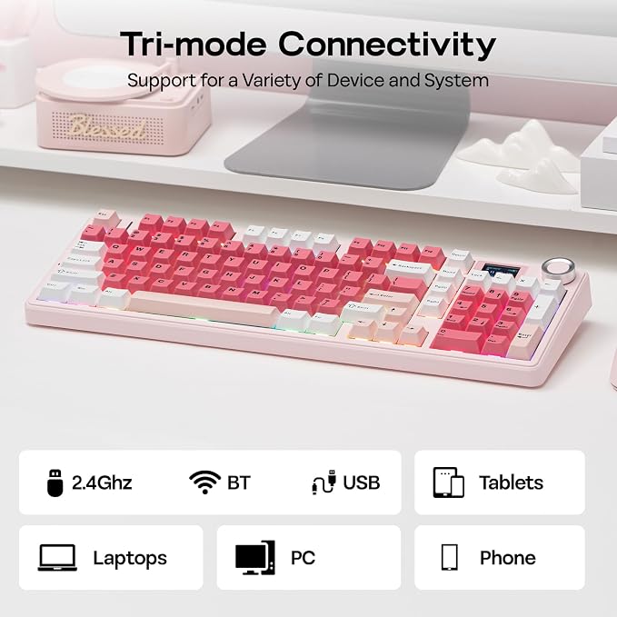 EPOMAKER Aula F99 MAX Wireless Mechanical Keyboard, Smart Screen & Knob, 8000mAh, 2.4Ghz/BT Creamy Keyboard, Pre-Lubed Switch, Hot-Swappable, RGB Backlit, Custom Software (Pink)