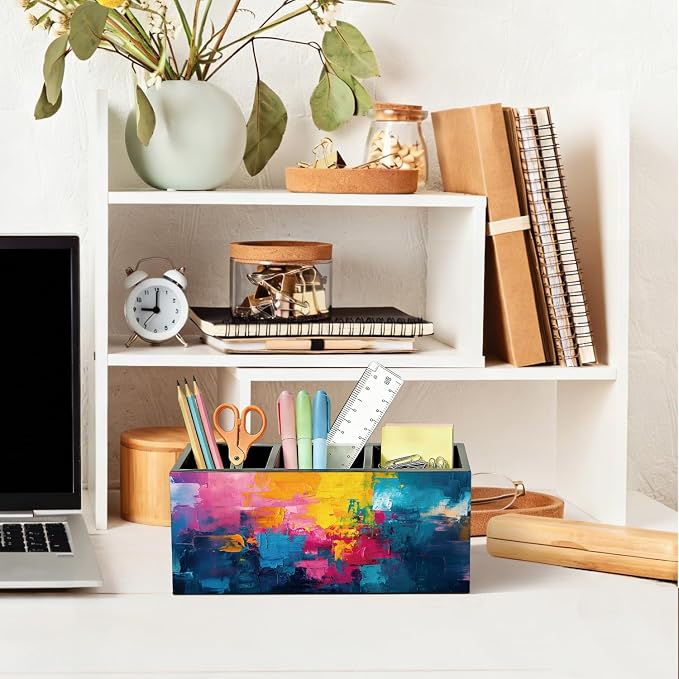 Modern Multicolor Tones Pen Pencil Holder for Desk, Gifts for Women Men, Office Humor Gifts for Coworkers Wooden Box Sign Organizer for Office Workplace Desk Accessories Tabletop Decorations