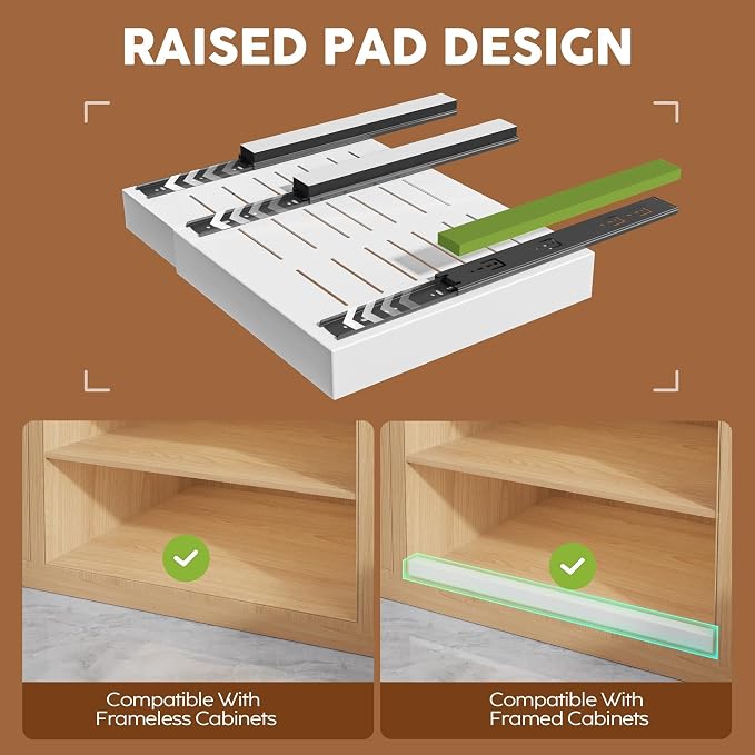 Seinloes 2 Pack Expandable Pull Out Cabinet Organizer 16.5"Deep with Raising Pad for Framed Cabinets,Upgrade 3 Slide Rails Slide Out Drawers,Roll Out Shelves Adhesive,Adjustable Width 12.2"-20.4"White