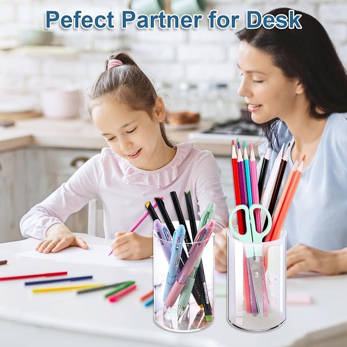 CEYAZYE 10 Pcs Clear Round Acrylic Pencil Holder Pen Pot for Desk | Transparent Makeup Brush Storage Desktop Organiser Stationary Organiser for Home Office School Supplies