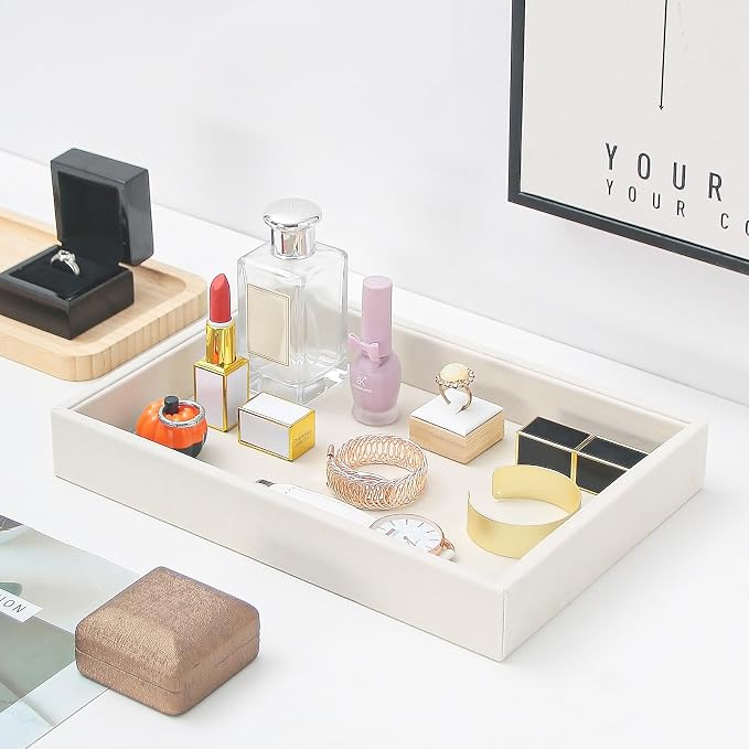 Bedside Organizer Tray, Desktop Storage Tray for Jewelry, Sunglass, Phone, Watch, Perfume,Lipstick, Nightstand Desk-top Catchall Tray, Multi-use Holder Tray for Desk Drawer (Beige 1Grid)