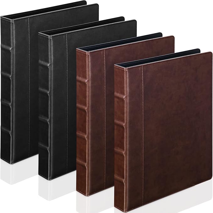 Yexiya 4 Pcs Vintage Hardback 3 Ring Binder Planner Portfolio Leather Round Ring Binder Organizer Holds 200 Sheets with 2 Inner Pockets, 13 x 10 Inch(1 Inch,Black, Brown)