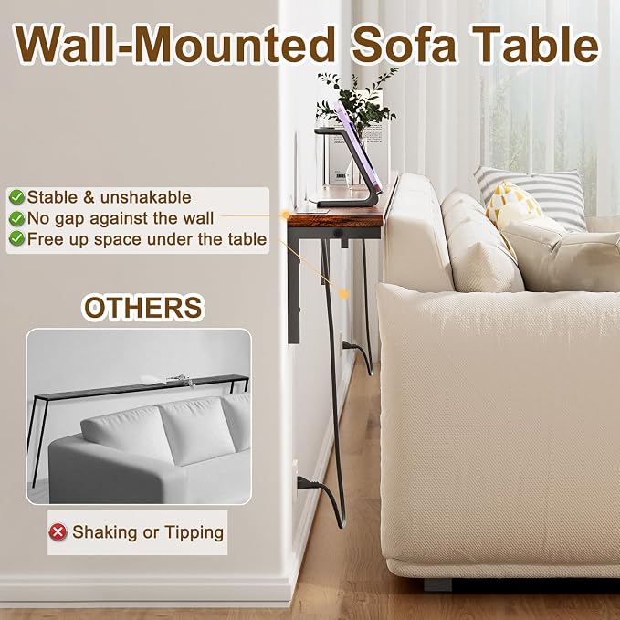 70.8" Narrow Console Table with Outlet, 5.9" Sofa Table Behind Couch Wall Mounted, 2 Pack with 4 Power Outlets 4 USB-C Ports 4.9ft Cord for Entryway, Hallway, Living Room, Rustic Brown