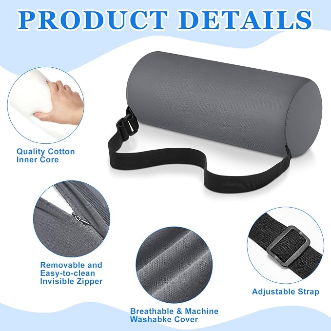 Wenqik 2 Pcs Lumbar Roll Support Pillow Low Back Lumbar Support Office Seat Cushion with Adjustable Strap and Washable Cover for Travel Gaming Chair Car Seat Pain Relief(Grey)