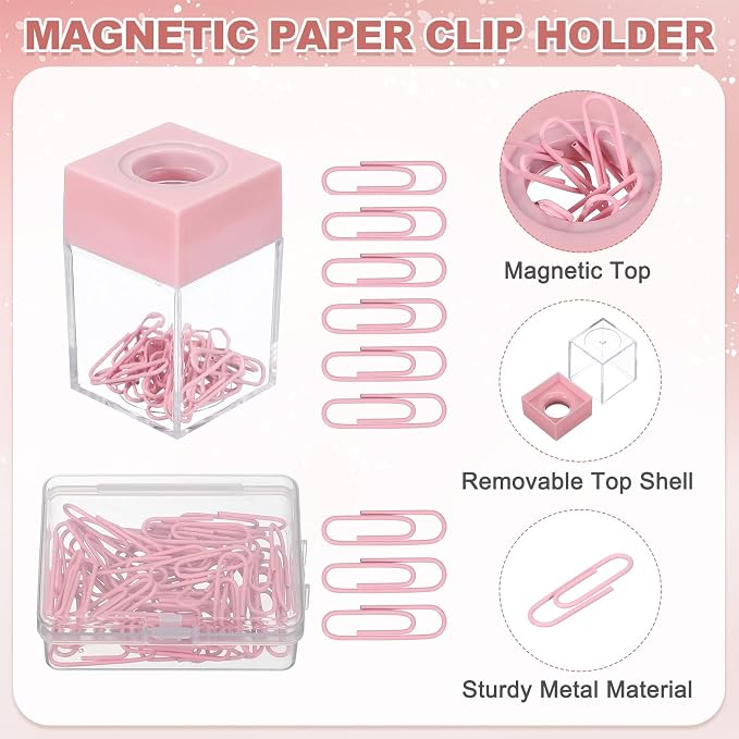 PATIKIL Magnetic Paper Clip Holder Dispenser, 2Pcs Large Capacity Paper Clip Organizers with Magnetic Top for Desk Supplies, Office, Classroom, Home, Pink/White(36Pcs, Multicolor Clip)