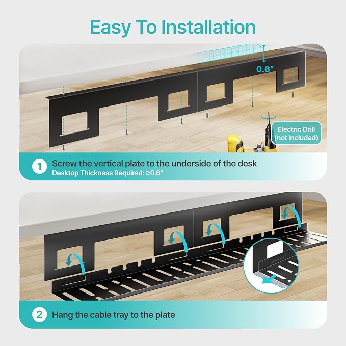 Under Desk Cable Management Tray, 31.5'' Screw-Mount Steel Rack | Metal Cord Organizer for Power Strips, Chargers, Reversible Installation, Effortless Wire Management for Home Office, Black