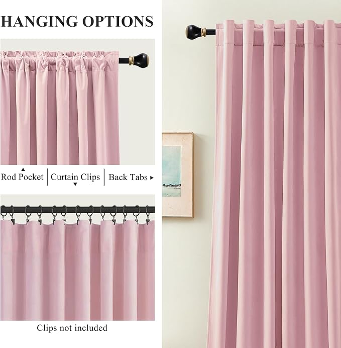 Baby Pink Velvet Curtains for Girls Bedroom, Thermal Insulated Light Blocking Curtain Luxury Soft Room Darkening Window Drapes for Living Room Nursery, Back Tab Rod Pocket, W52 x L102, 2 Panels