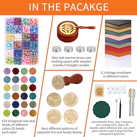 Kit,Dried Flower Accessory Tools,Premium Wax Seal Stamp Kit with 24 Colors 624 Pcs Beads, 4 Pcs Stamps, Sealing Wax Warmer, Envelope, Candles for Wedding Birthday Gift and DIY Craft