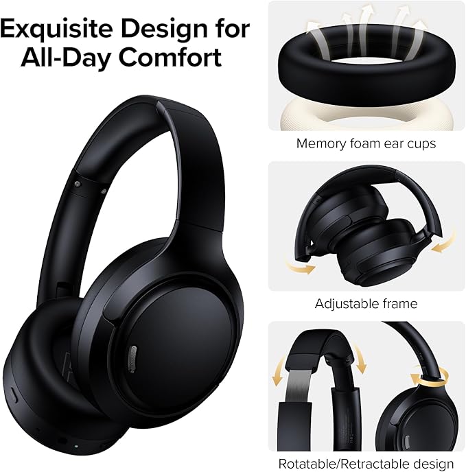 Hybrid Active Noise Cancelling Headphones Wireless, 120Hrs Playtime, 6 ENC Clear Mic, Over Ear Bluetooth Headphones with Hi-Res Audio Comfort Earcup Foldable ANC Headphone for Travel Game Home Office