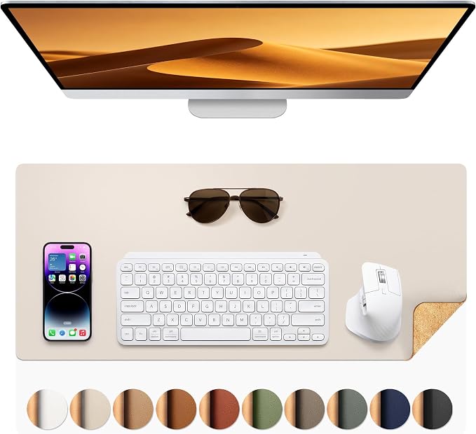 Aothia Dual-Sided Desk Mat, FSC Cork & PU Leather Desk Pad, Large Mouse Pad & Writing Surface for Compact Workspace, Non-Slip Waterproof Desk Protector - 25.6" x 13.7", Cream