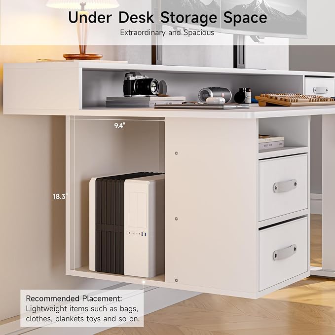 ONBRILL Standing Desk with Drawers, 63x24 Inch Electric Stand Up Desk with 3 Drawers and Open Storage Shelf, Adjustable Height 28-46 Inches for Home and Computer Workstation, White