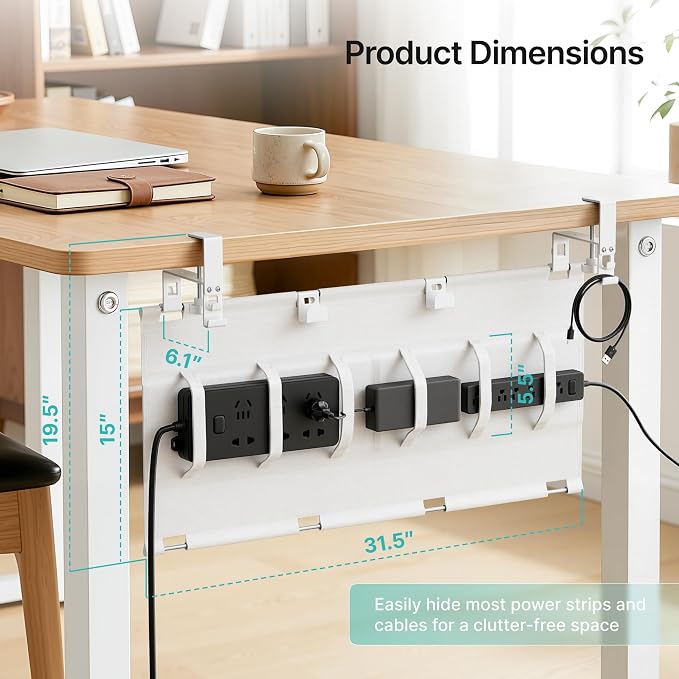 No Drill Under Desk Cable Management Tray, 31.5" Fabric Organizer | Clamp/Screw Premium Mount Cord Holder, for Power Strips, Adapters, with 2 Hooks & 1 Tie Roll for Home Office Gaming, White
