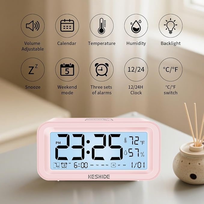 Night Light Digital Alarm Clock Battery Operated with Indoor Temperature Humidity, Desk Small Clock,Snooze Model,12/24H Display for Bedrooms Heavy Sleepers Kids Travel Bathroom (Pink)