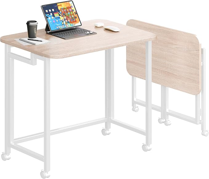 JSB Small Folding Computer Desk with Storage Bag and Hook Writing Modern Industrial Work Table Laptop for Home Office White (Natural & White, 31.5")