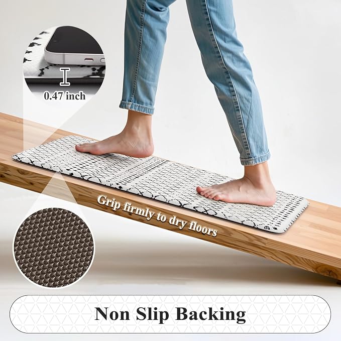 KIMODE Anti Fatigue Kitchen Mat for Floor, 20"x71" Farmhouse Kitchen Rug, Non Slip Waterproof Kitchen Floor Mat, Cushioned Standing Mat for Front of Sink Laundry Desk Bedroom Black and White