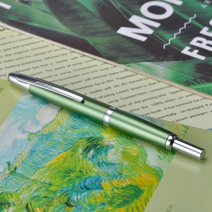 Jinhao 10 Press Fountain Pen with Box, Sea Pine Green Retractable Fine Nib with Converter Set (Silver Clip)
