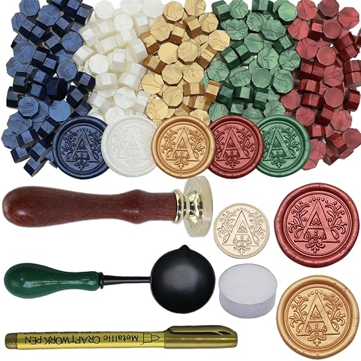 Initial Alphabet A Wax Seal Stamp Kit, Retro Letter A Sealing Stamp with 150Pcs Sealing Wax Beads Spoon Pen Set for Wedding Invitations Cards Envelopes (A)