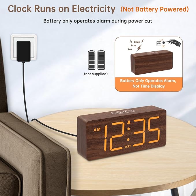 DreamSky Wooden Digital Alarm Clock for Bedroom with Large Numbers | Desk Clock for Living Room Office, Loud Alarm for Heavy Sleepers Adults, Volume Control, Dimmer, DST, Wood Decor (Plug-in)