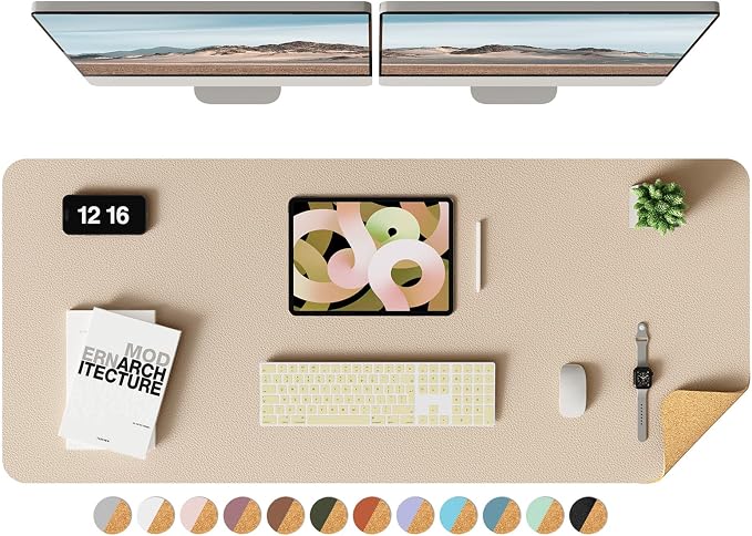 YSAGi Double-Sided Desk Pad, Leather Desk Mat, Eco Cork Desk Pad Protector, Large Mouse Pad for Desk, Waterproof Desk Blotter Pad, Desk Writing Pad for Office Work/Home (Beige/Cork,47.2" x 17")