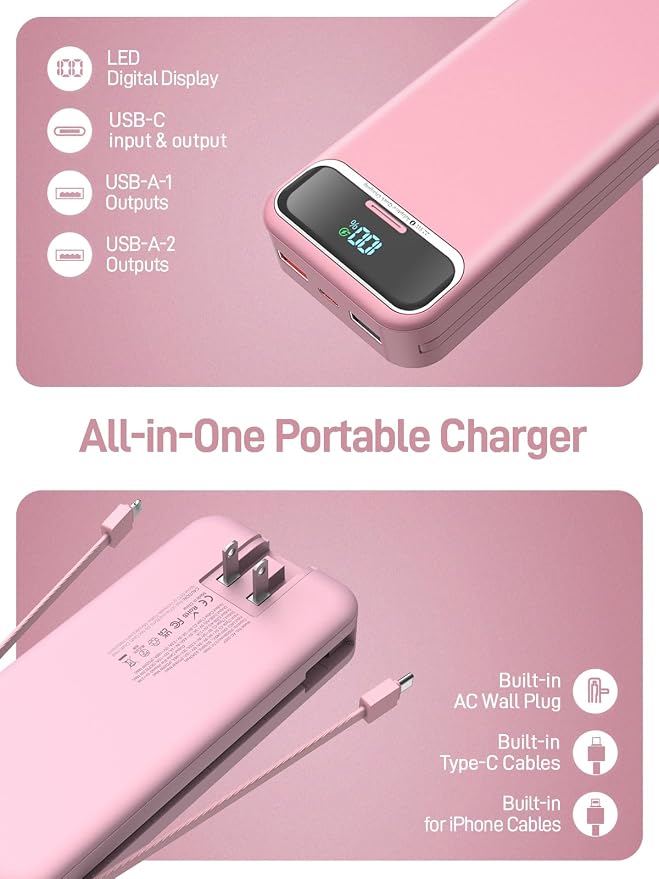 Nusyddy Portable Charger 20000mAh 22.5W w/Built-in Cables & Wall Plug Pink | 22.5W Fast Charging, High Capacity, LED Display, Charge 5 Devices at once, TSA Approved, Compatible with iPhone/iPad/Samsung