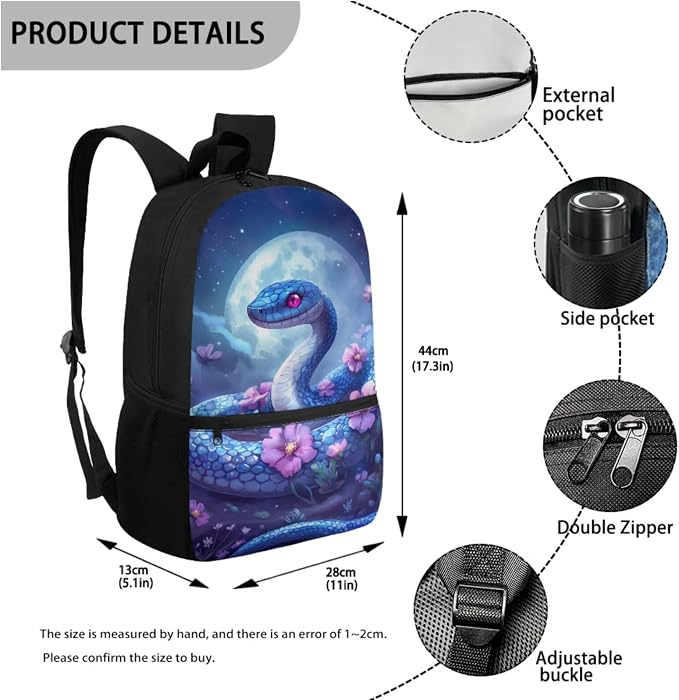 WELLFLYHOM Personalized Snake Kids School Backpack Elementary Book Bag for Girls Back Pack with Lunch Bag Pencil Case Water Bottle Cover Moon Flower Kids Daycare Bag Gift for Kids