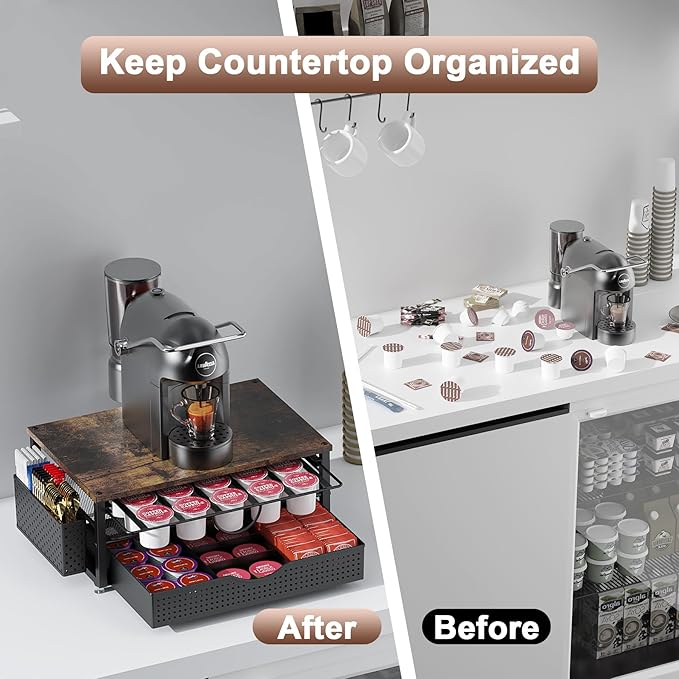 K Cup Holder, Coffee Pod Holder with 2 Tier Sliding Storage Drawer and 1 Hanging Basket for 51 Large or 73 Small Capsule,K Cup Coffee Station Organizer Accessories for Counter,Home,Office,Kitchen
