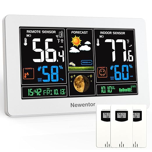 Newentor Weather Station Wireless Indoor Outdoor Thermometer, White,3Sensor | Color Display Digital Weather Thermometer with Atomic Clock, Barometric Pressure, Forecast Station with Adjustable Backlight