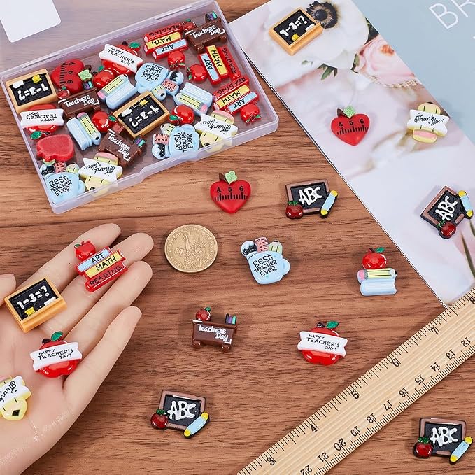 SUNNYCLUE 1 Box 40Pcs Teacher's Day Charms Flatback School Resin Cabochons Best Teacher Students Charm Chalkboard Red Apple Fruit Books Pencils Cabochon for Jewelry Making Scrapbooking Embellishments