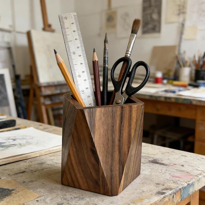 Pen Holder for Desk - Black Walnut Wooden Pen Organizer, Prismatic Shape Writing Stationary Organizer for Multiple-Use Office and School Supplies Storage