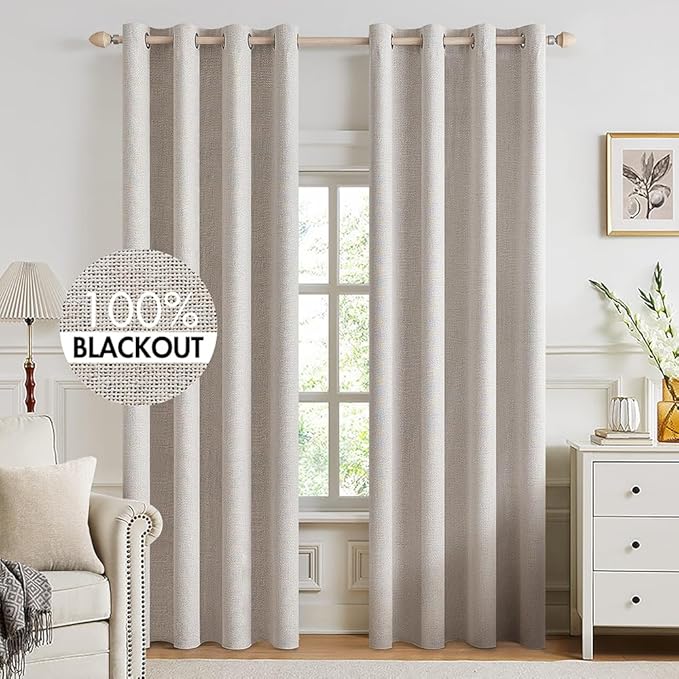 MIULEE 100% Blackout Linen Textured Curtains for Bedroom Solid Thermal Insulated Ivory Grommet Room Darkening Curtains & Drapes Luxury Decor for Living Room 52 x 94 Inch (2 Panels)