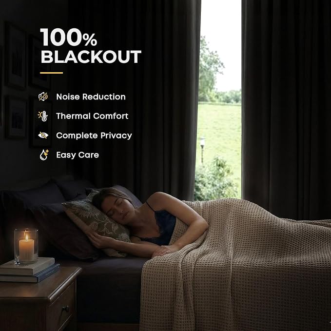INOVADAY 100% Blackout Curtains for Bedroom, Black Out Curtains 84 Inch Long, Clip Rings Linen Blackout Drapes, Thermal Insulated Room Darkening for Living Room, 2 Panels - Burlywood Birch,W50xL84