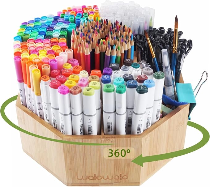 Bamboo Rotating Art Supply Organizer Caddy Holds 800+ Pencils Spinning Crayon 160 Marker Holder Desk Brush Colored Pencil Storage for Office Classroom Organization Stationary (Larger VER)