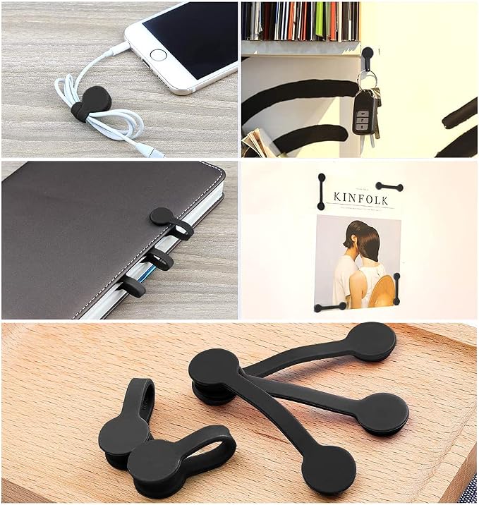 Viaky Magnetic Cable Ties 6-Pack,Silicone Cord Ties Cable Clips,Black | Magnetic Cord Organizers for Wires, USB Cables, Earphones,Reusable Twist Ties Wire Organizer for Home,Office,Kitchen,School