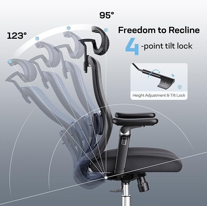 Marsail Ergonomic Office Chair with 6D Armrests, Ergonomic Chair with 3D Adjustable Headrest, Slide Seat, Lumbar Support, and 4-Position Tilt Lock – Big and Tall Office Chair with 330 lbs Capacity