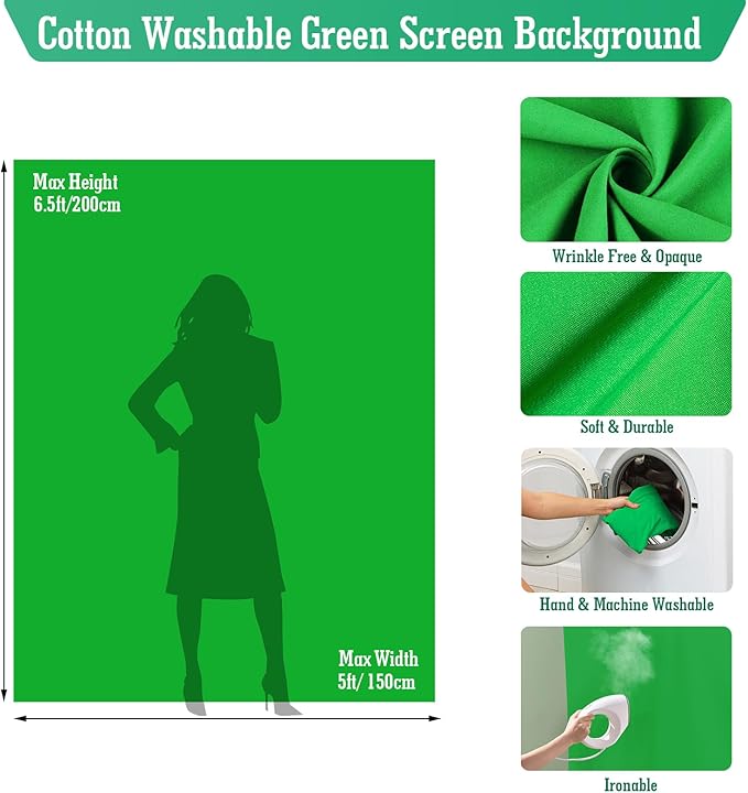 Green Screen Backdrop Kit, 5 x 6.5 ft Portable Green Screen with T-Shaped Stand, Carrying Bag, 5 Clamps, Photography Greenscreen Background Kit for Streaming, Gaming, Zoom