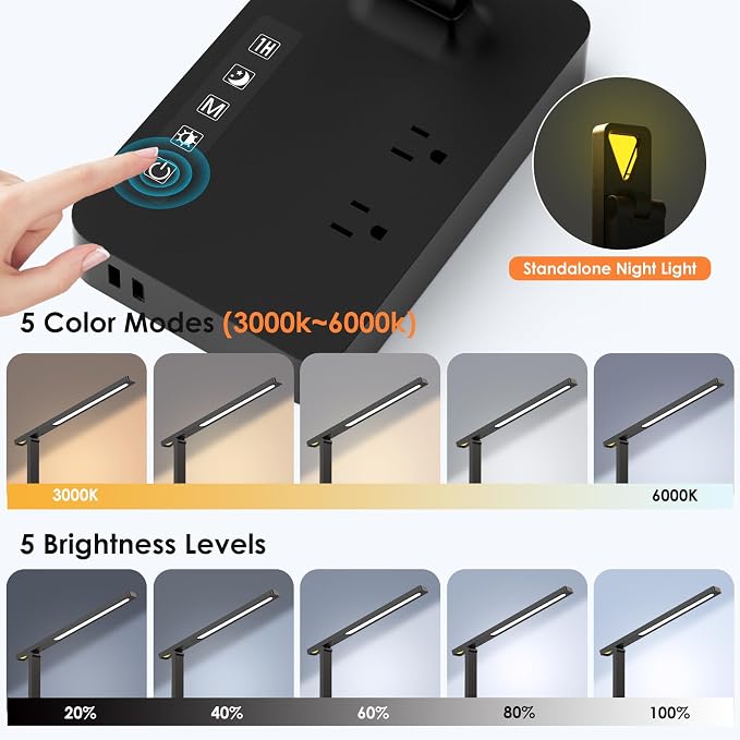 Infiway Desk Lamp with USB Charging Port: LED Desk Lamps for Home Office - 1 USB-A, 1 Type-C Charging Port, 2 AC Power Outlets, Touch Control Dimmable 5 Color 5 Brightness, Night Light(Black)