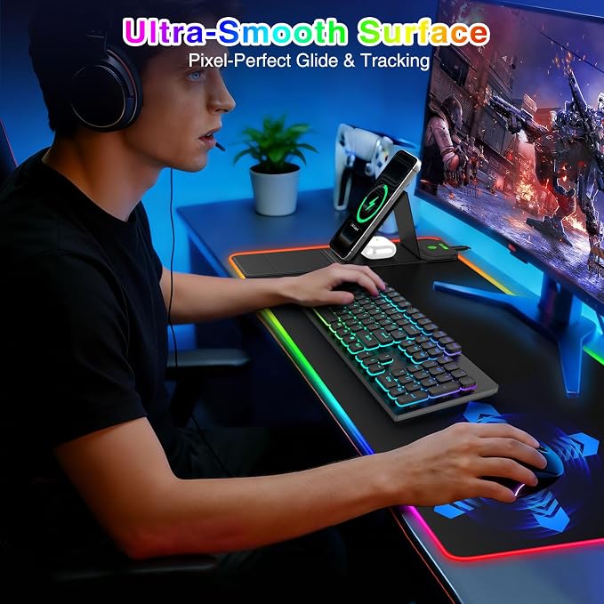 RGB Gaming Mouse Pad with Magnetic Wireless Charging & Foldable Phone Stand | 31.5"x11.8" XL Extended Mousepad with Stitched Edges, Ultra-Smooth Waterproof Surface, 25 Lighting Effects, Non-Slip Base