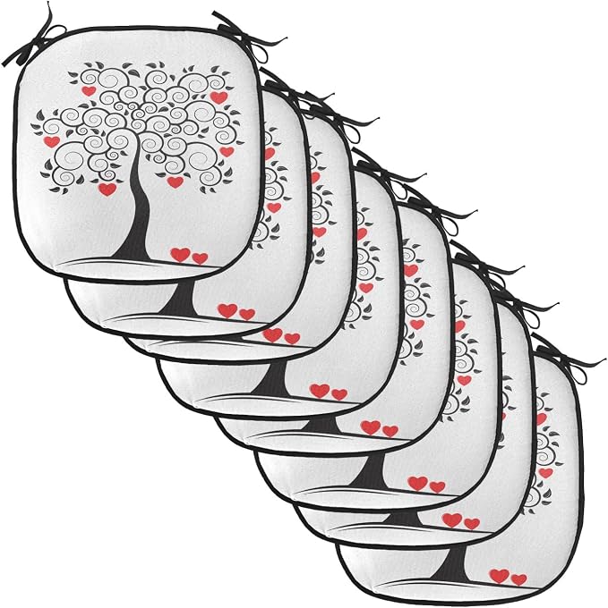Lunarable Love Chair Cushion Pads Set of 8, Abstract Heart Tree Floral Leaves Spring Swirl Simplicity Creative Illustration, Anti-Slip Seat Padding for Kitchen & Patio, 16"x16", Black White Red