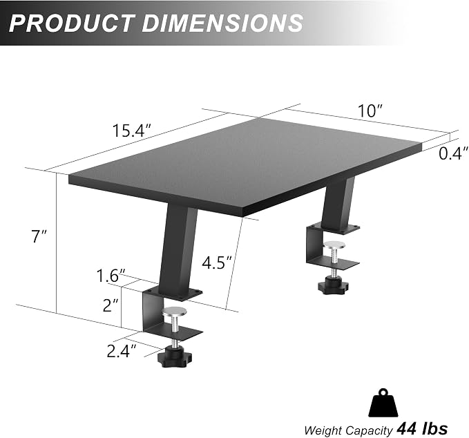 15-Inch Desktop Clamp-on Shelf & Monitor Riser, 2-in-1 Reversible Design – Fits Either Side of Desk, C-Clamp for Stability, Holds 44 lbs, for Gaming PC, Console & Office Setup