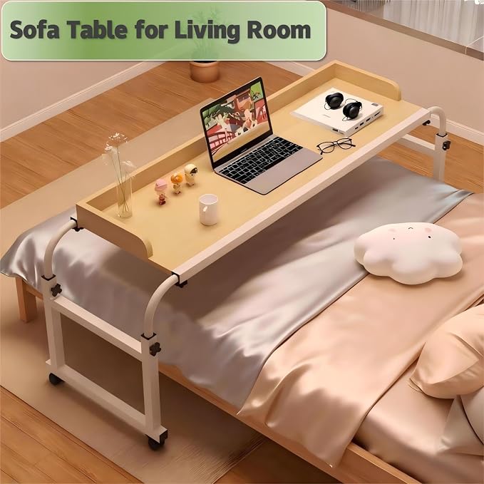 Overbed Table with Wheels and Desktop Enclosure, Height and Length Adjustable Over Bed Desk King Queen Bed Table Overbed Laptop Table (Walnut)