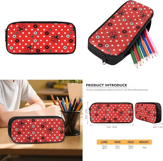 WELLFLYHOM 4 PCS Red Polka Dot Ladybug 17 Inch Backpack for Girls Ages 8-12 | Complete School Backpack Set with Matching Lunch Box, Pencil Case and Water Bottle Sleeve, Durable for Junior High Students